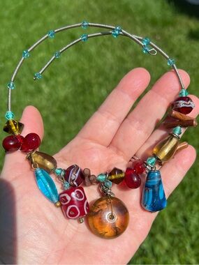 Boho-style Glass & wood Bead rigid collar necklace in Amber, Red & Turquoise